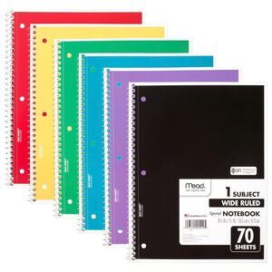 Spiral Notebook, 6 Pack, 1 Subject, Wide Ruled Paper, 7-1/2" x 10-1/2", 70